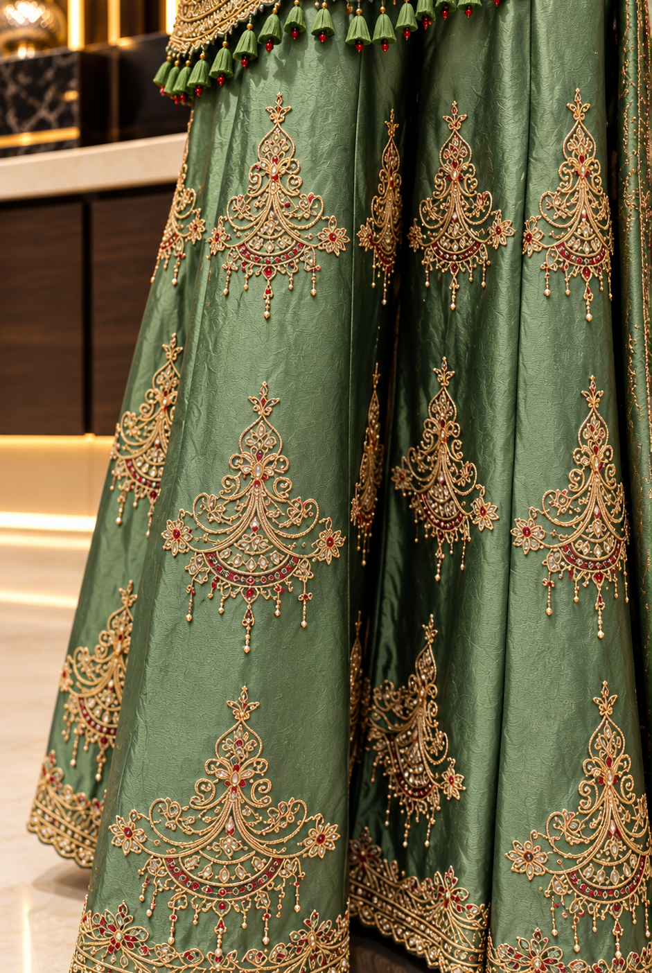 Sage green palazzo pants with embroidered motifs and scalloped border