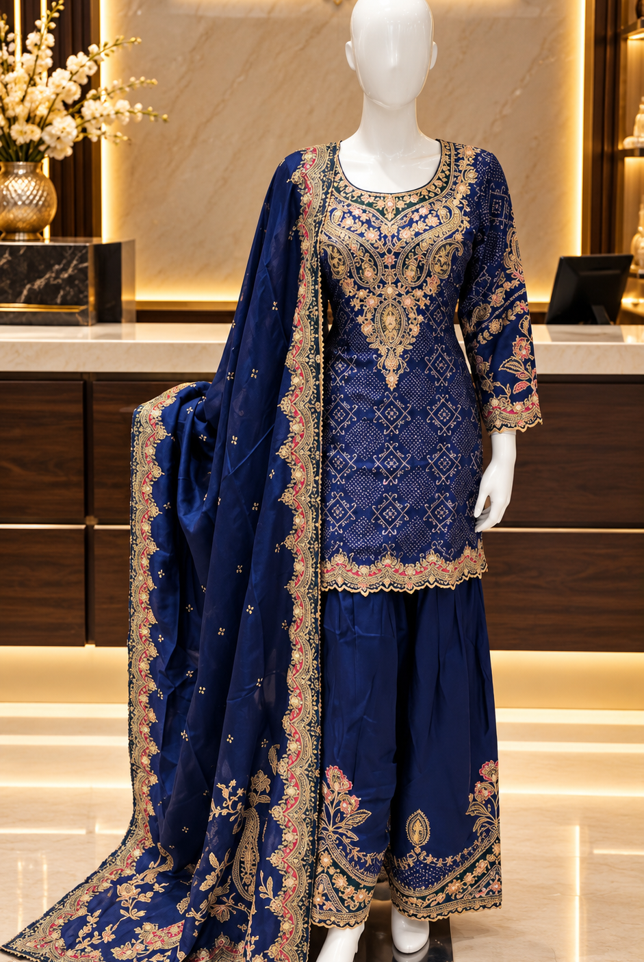 Royal blue bandhani print farshi salwar suit with embroidered kurta and dupatta