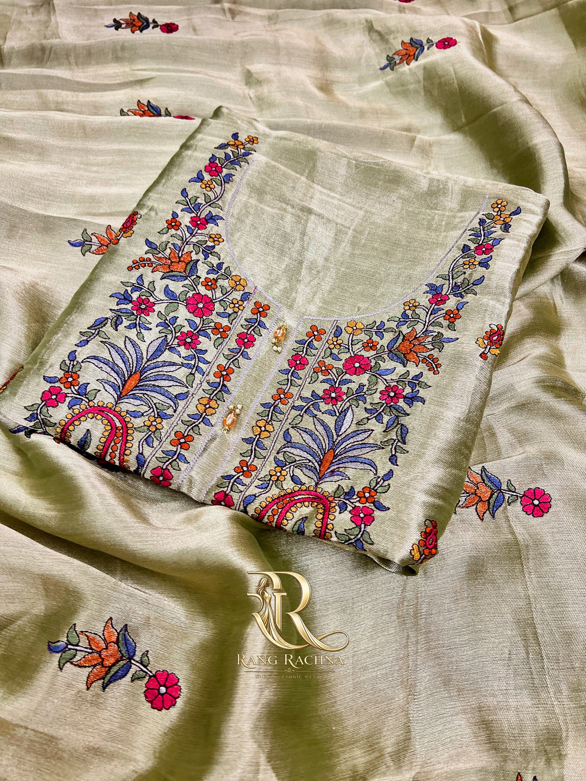 Ziraffe Silk Unstitched Suit Set with Dupatta – Beige / Mouse Grey - front view | Rang Rachna