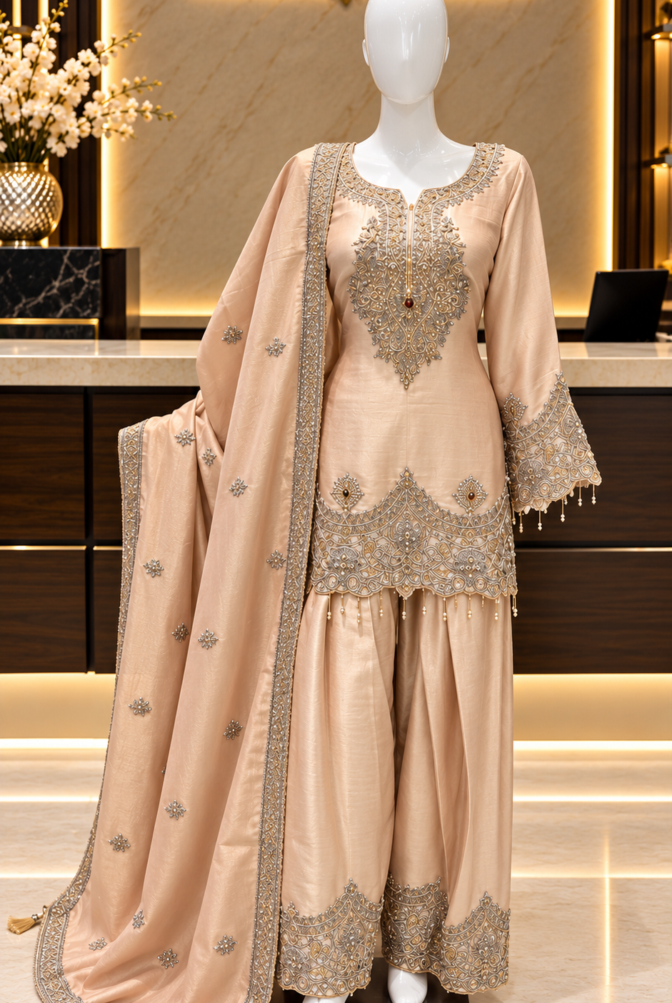 Light peach silk farshi salwar suit with embroidered short kurta and dupatta