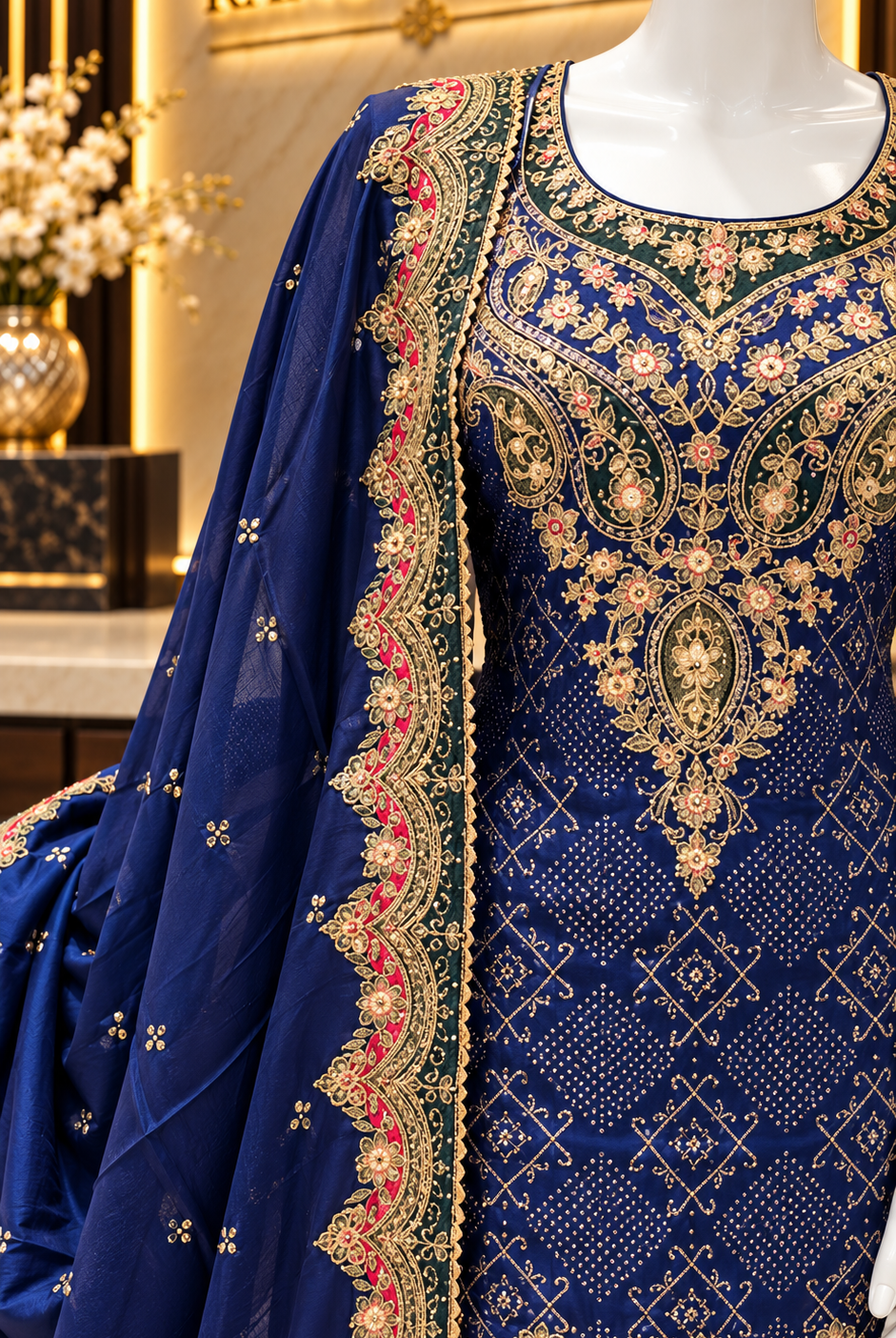 Close-up of zari and resham embroidered yoke on royal blue bandhani kurta