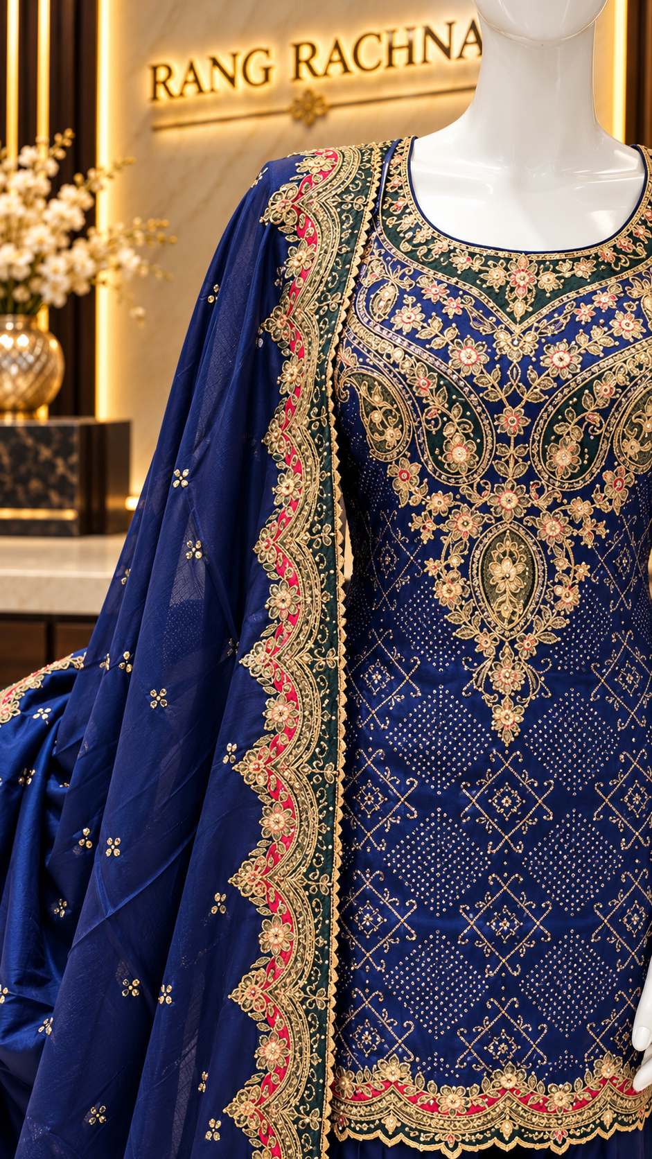 Close-up of zari and resham embroidered yoke on royal blue bandhani kurta