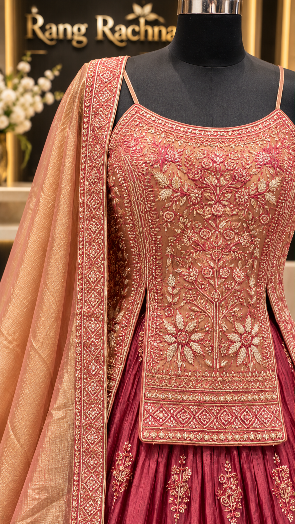 Peach Pink Lehenga Choli Set with Dupatta - detail view