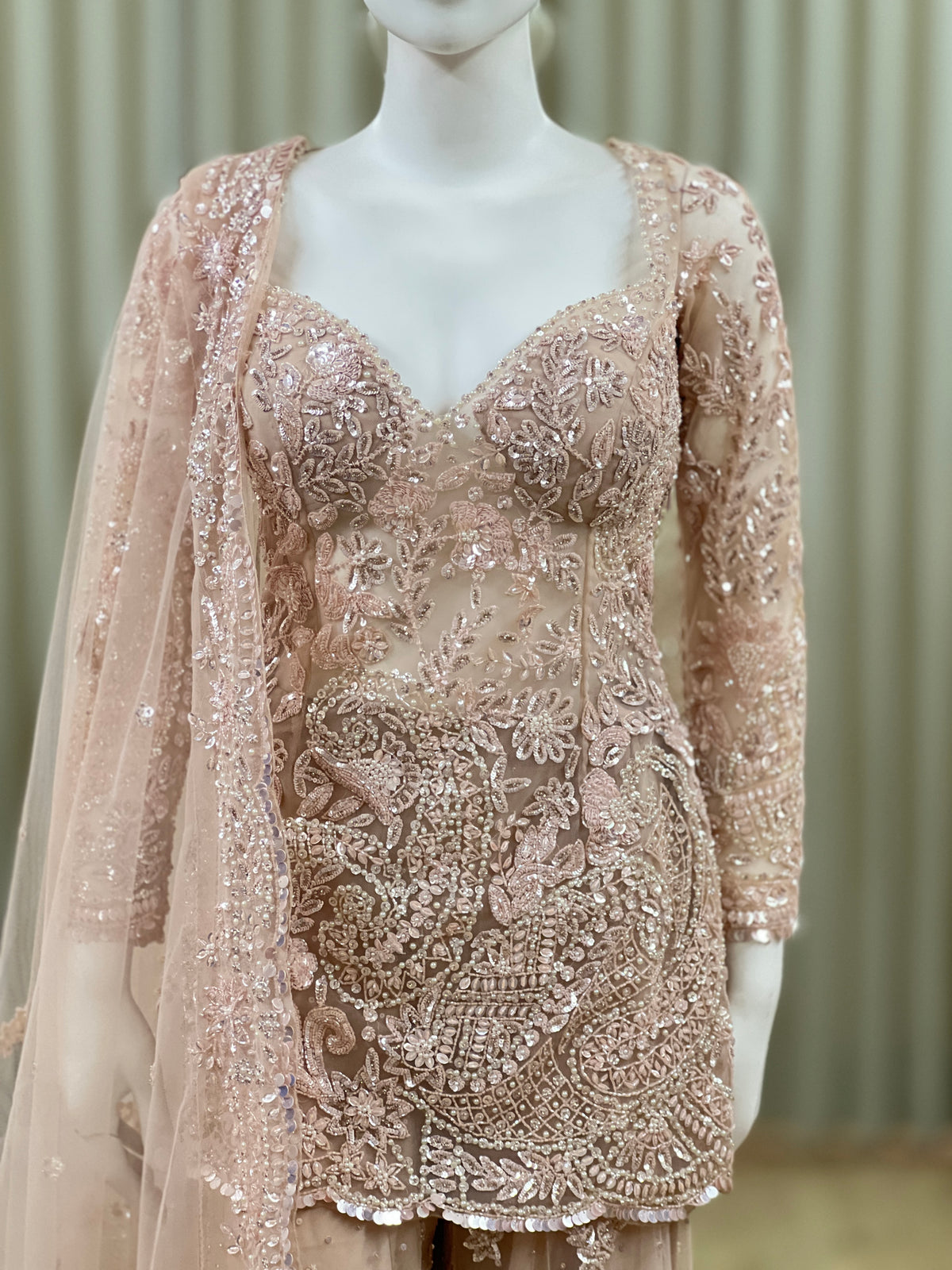 Blush Pink Embroidered Sharara Suit Set with Dupatta - detail view