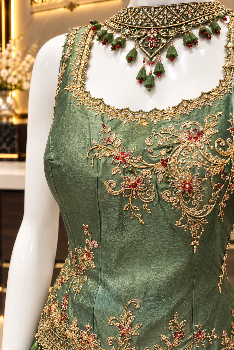 Close-up of gold zari and resham embroidery on sage green peplum kurti