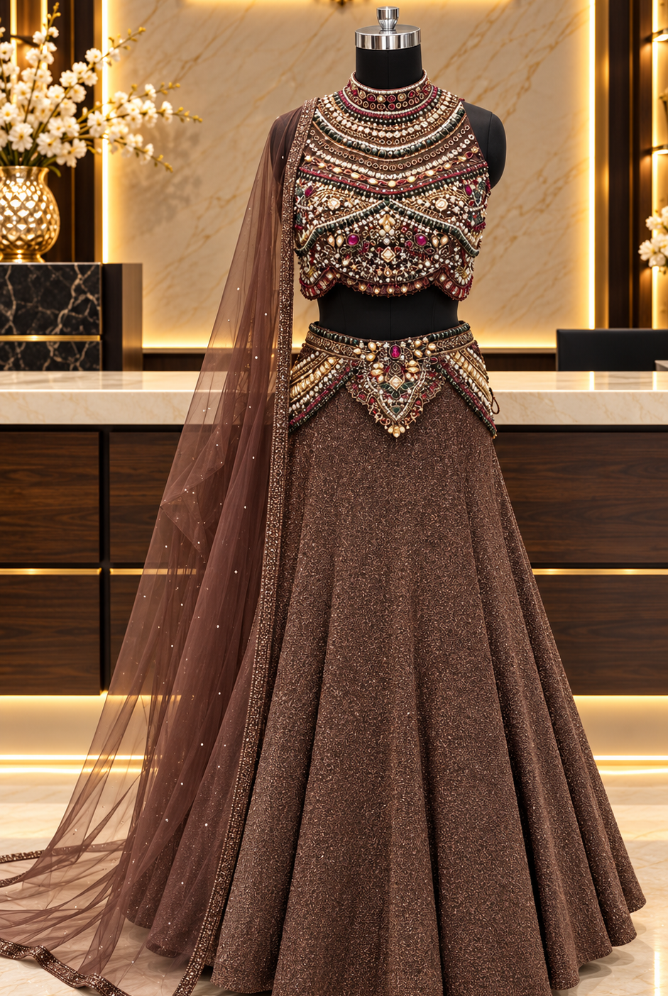 Chocolate brown shimmer lehenga choli with embellished high-neck blouse and net dupatta