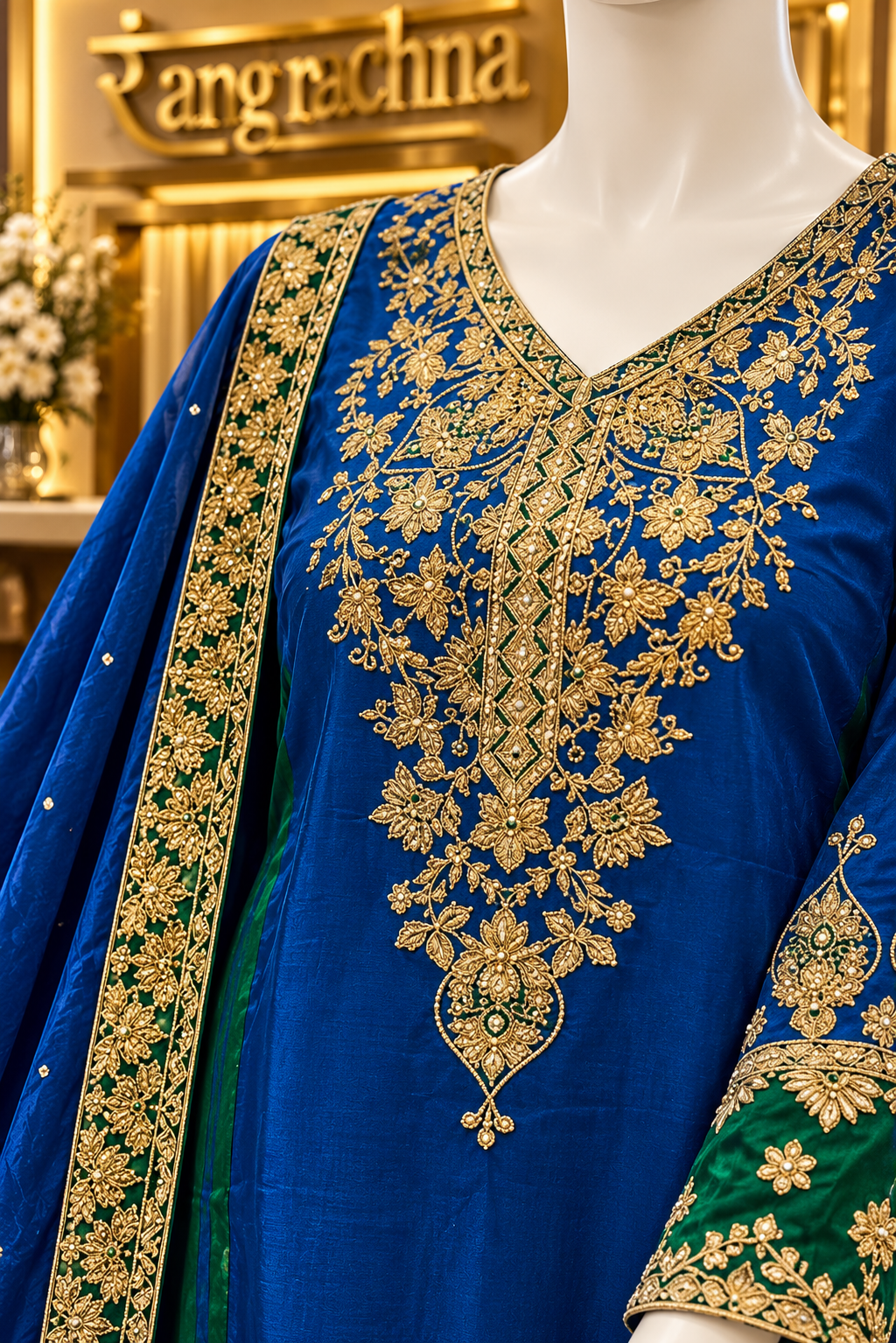 Electric Blue Palazzo Suit Set with Dupatta - detail view