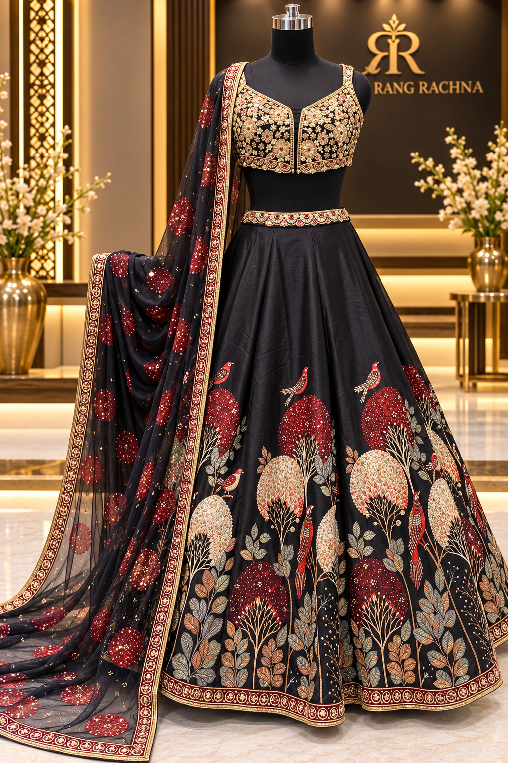 Black Lehenga Set with Dupatta - front view | Rang Rachna