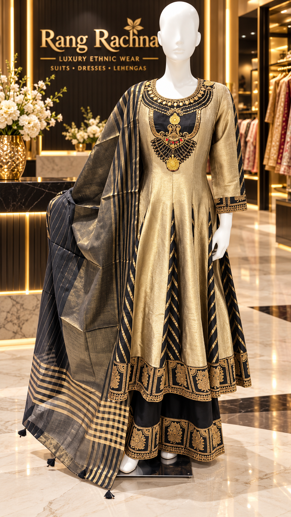 Gold Anarkali Suit Set with Dupatta - front view | Rang Rachna