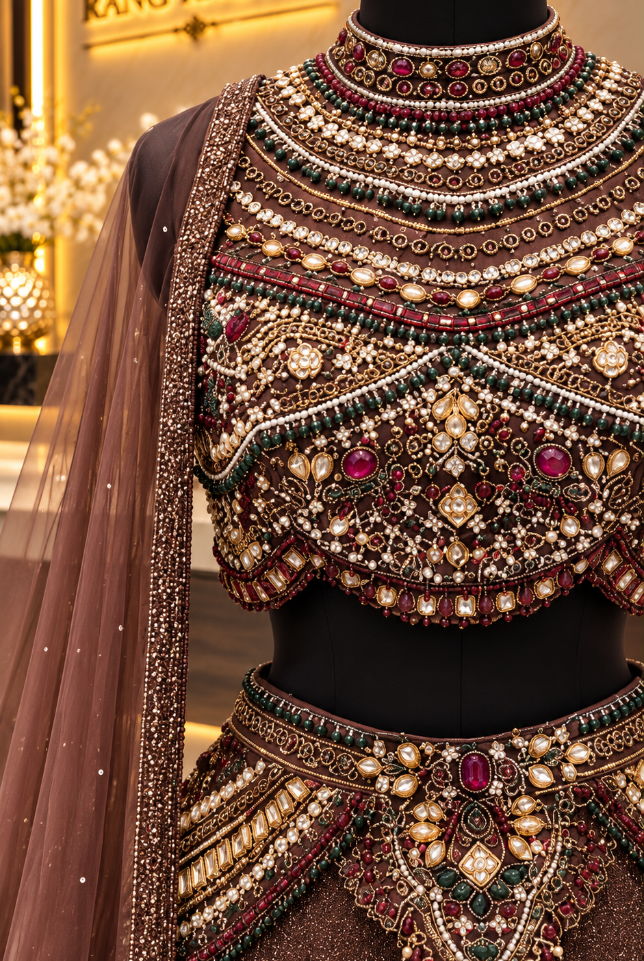 Close-up of kundan, pearl and stone embellished high-neck blouse on brown lehenga