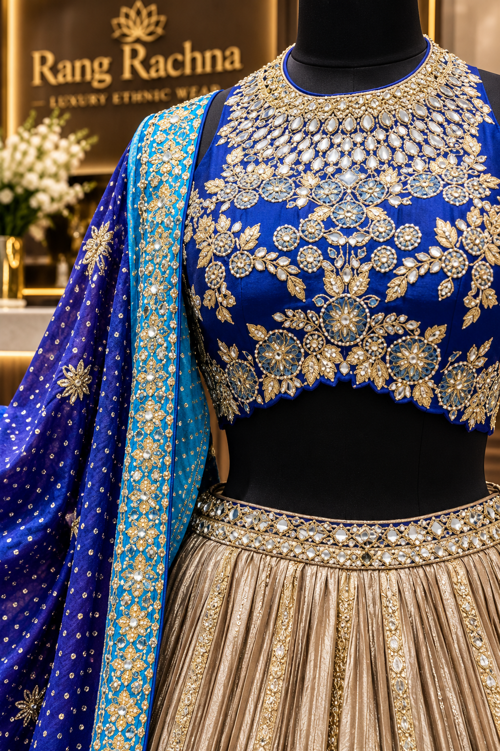 Deep Blue & Cream Beige Lehenga Set with Dupatta - detail view