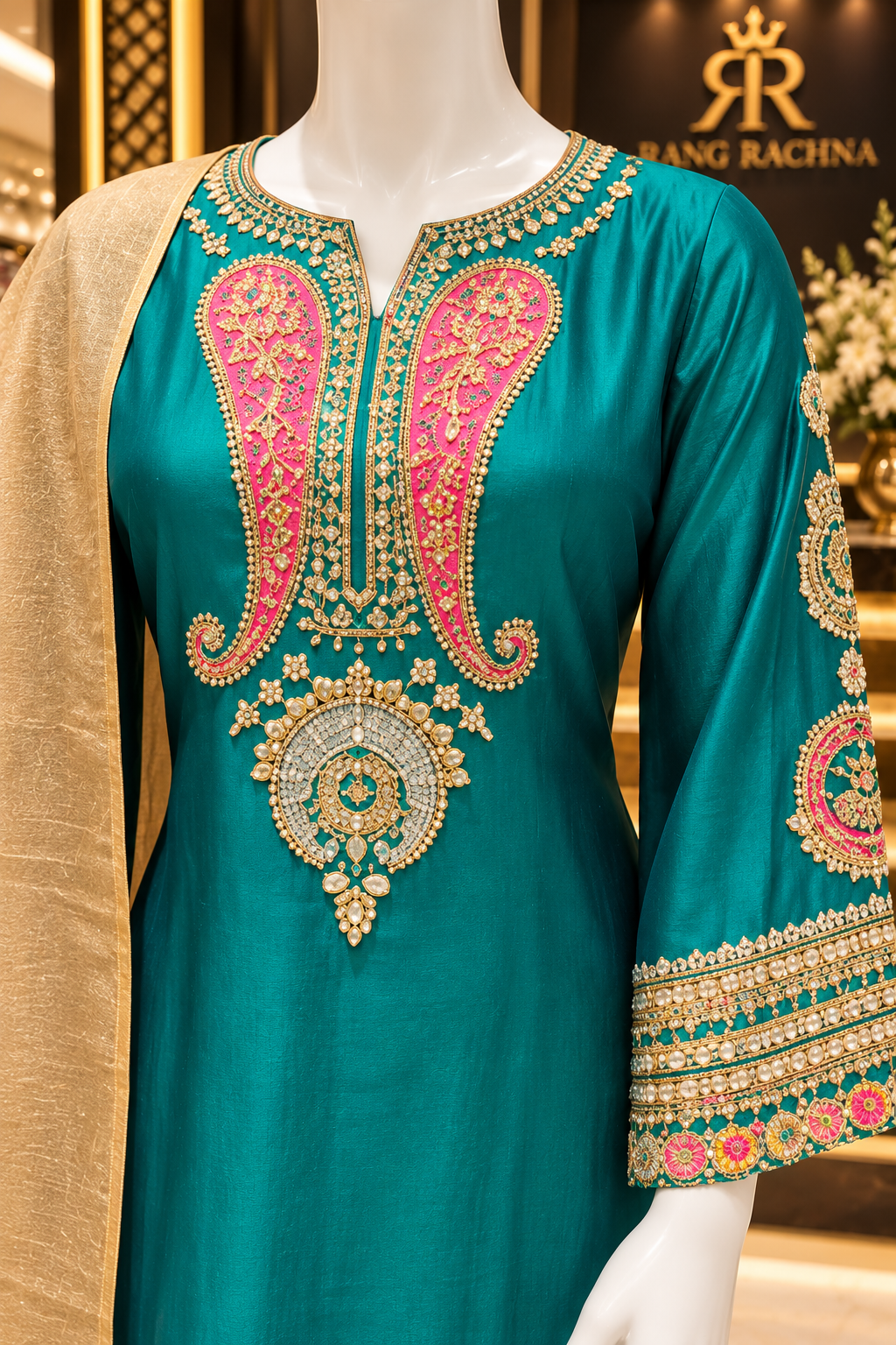 Turquoise Green Palazzo Suit Set with Dupatta - detail view