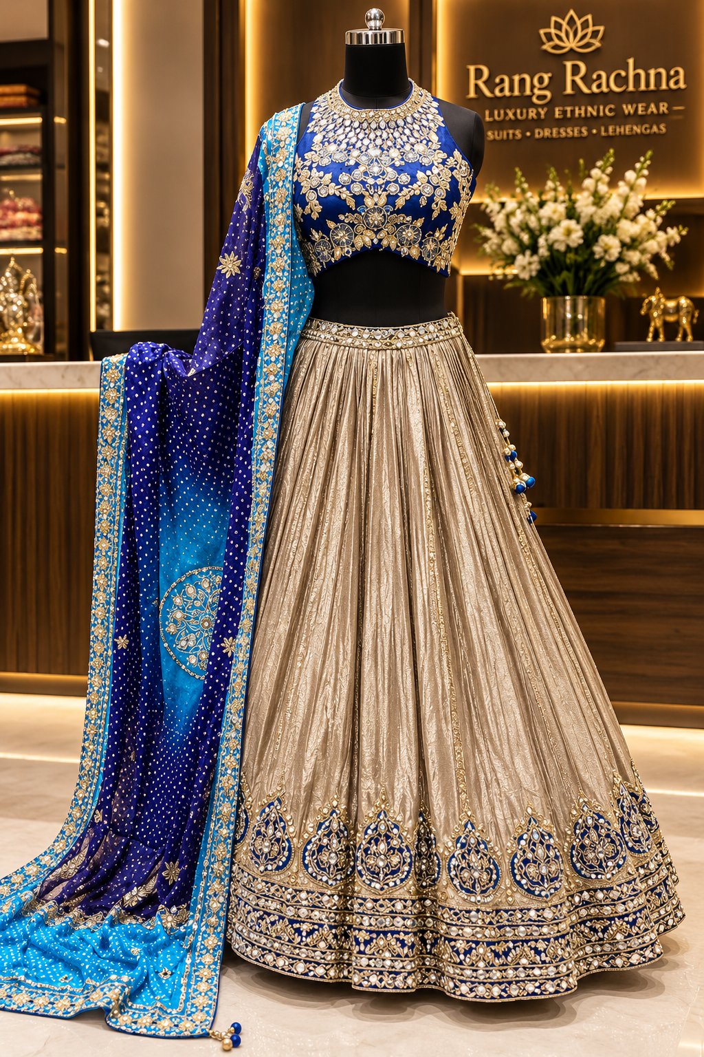 Deep Blue & Cream Beige Lehenga Set with Dupatta - front view | Rang Rachna