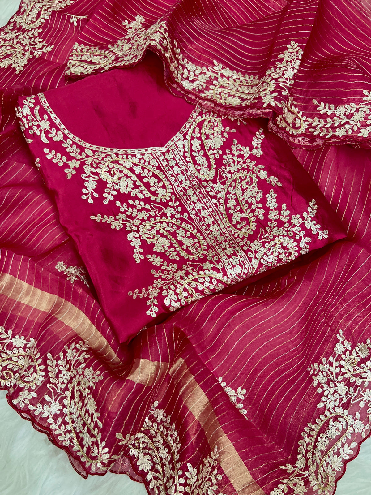 Pink Silk Unstitched Suit Set with Dupatta - front view | Rang Rachna