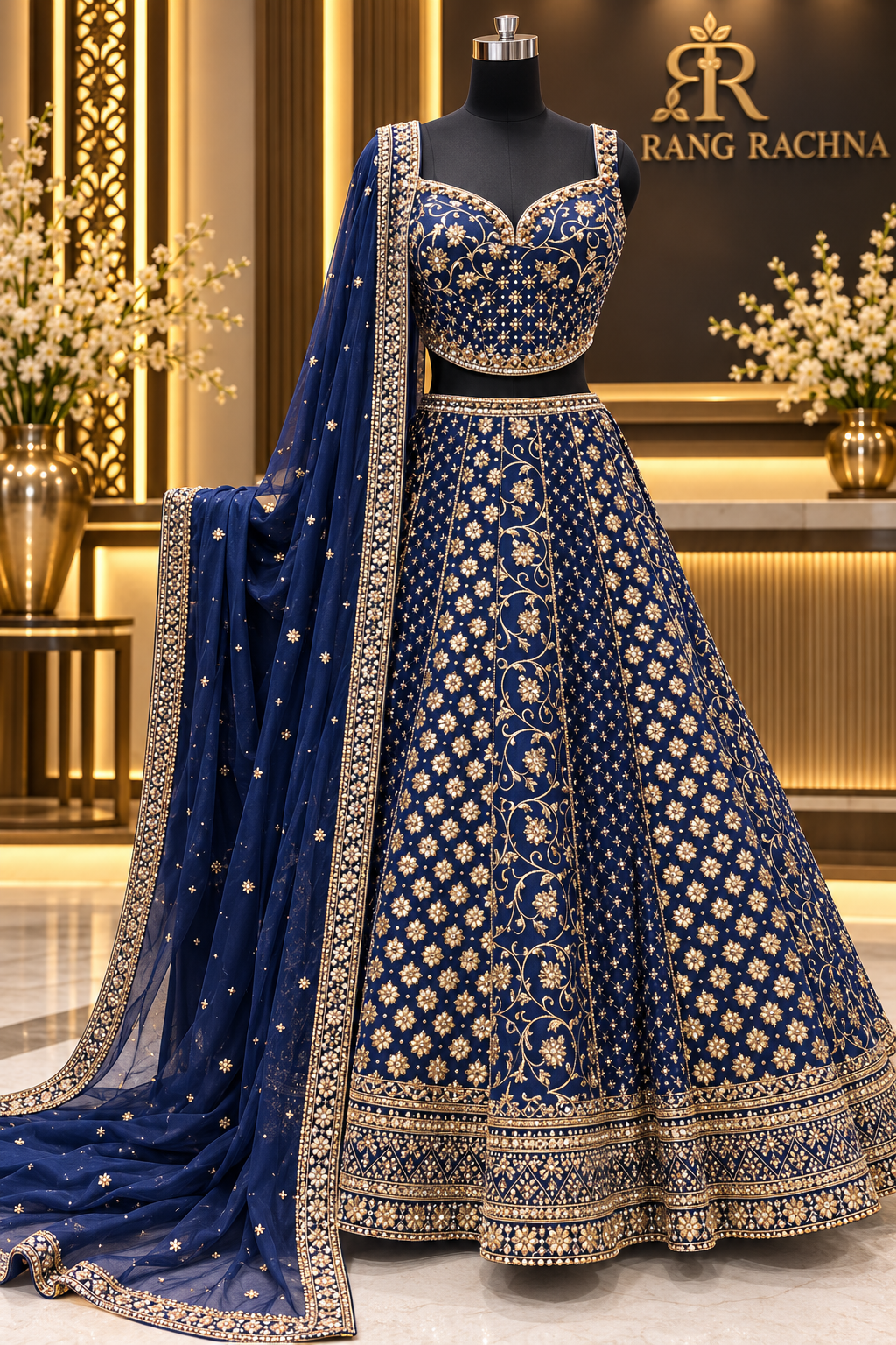 Deep Blue Lehenga Set with Dupatta - front view | Rang Rachna