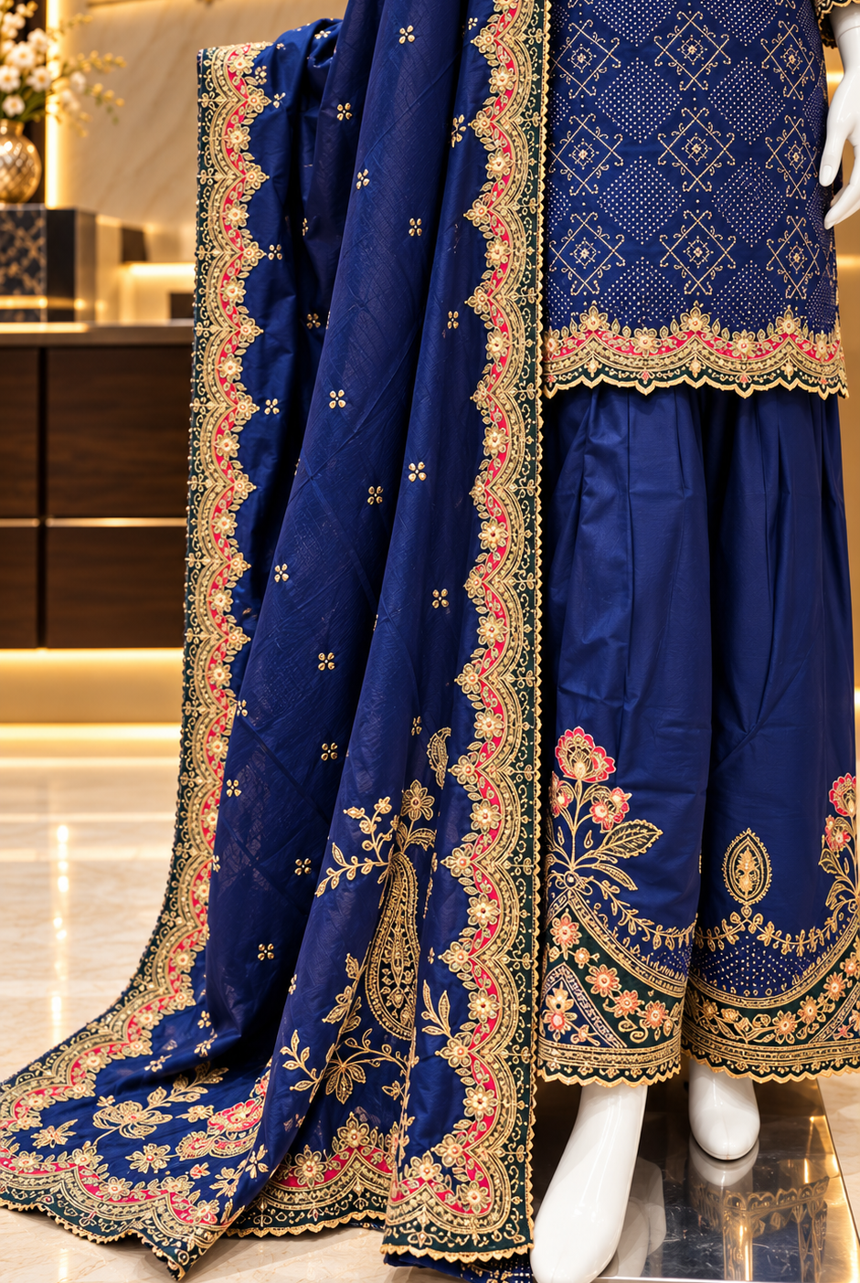 Royal blue farshi salwar with floral embroidered hem and scalloped border dupatta