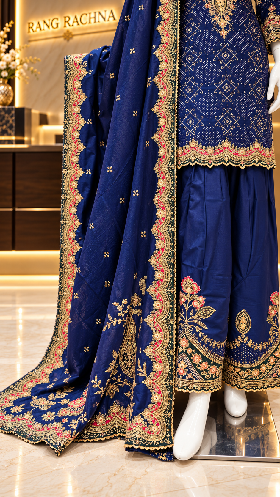 Royal blue farshi salwar with floral embroidered hem and scalloped border dupatta