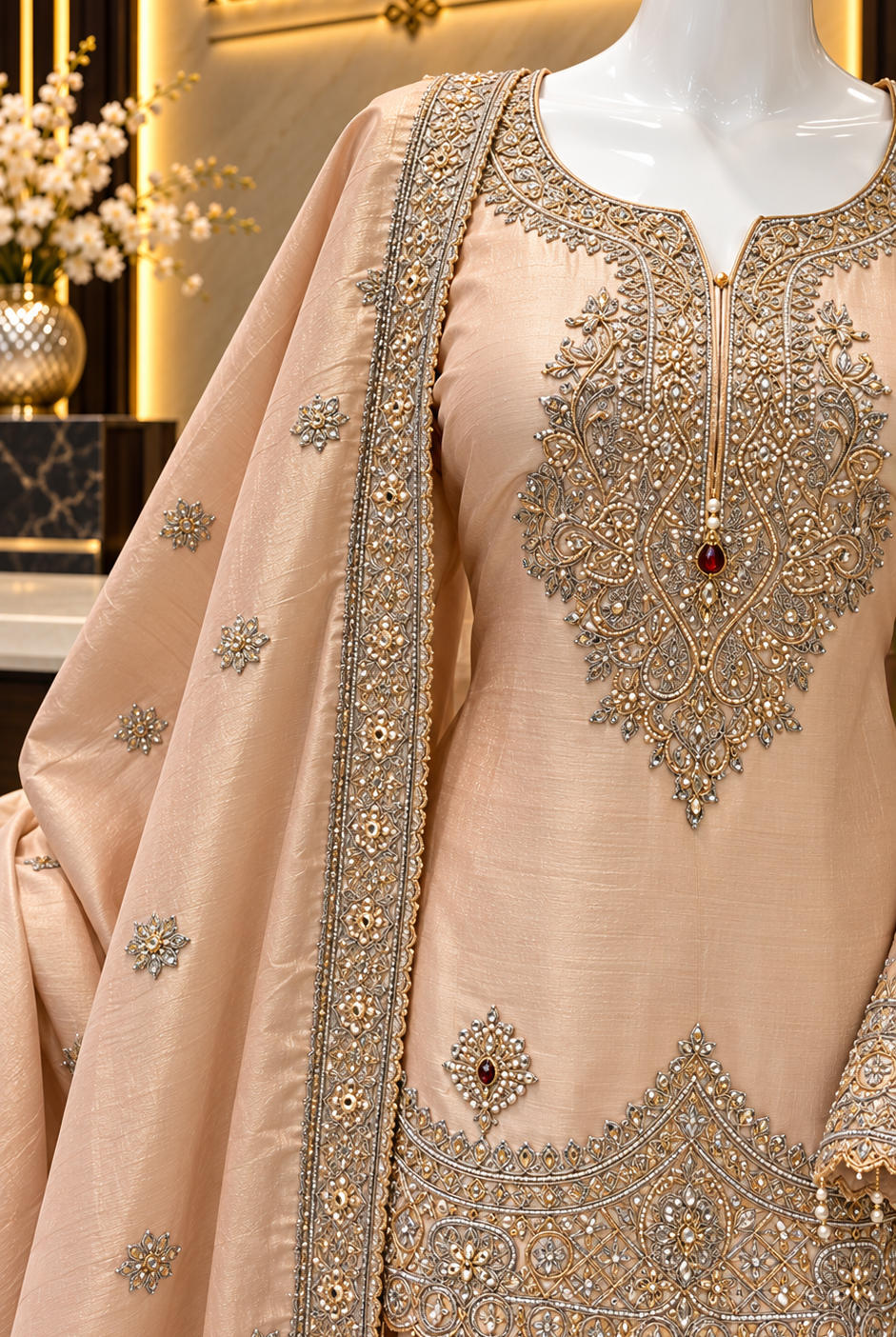 Close-up of zardozi and dabka neckline embroidery on light peach silk kurta
