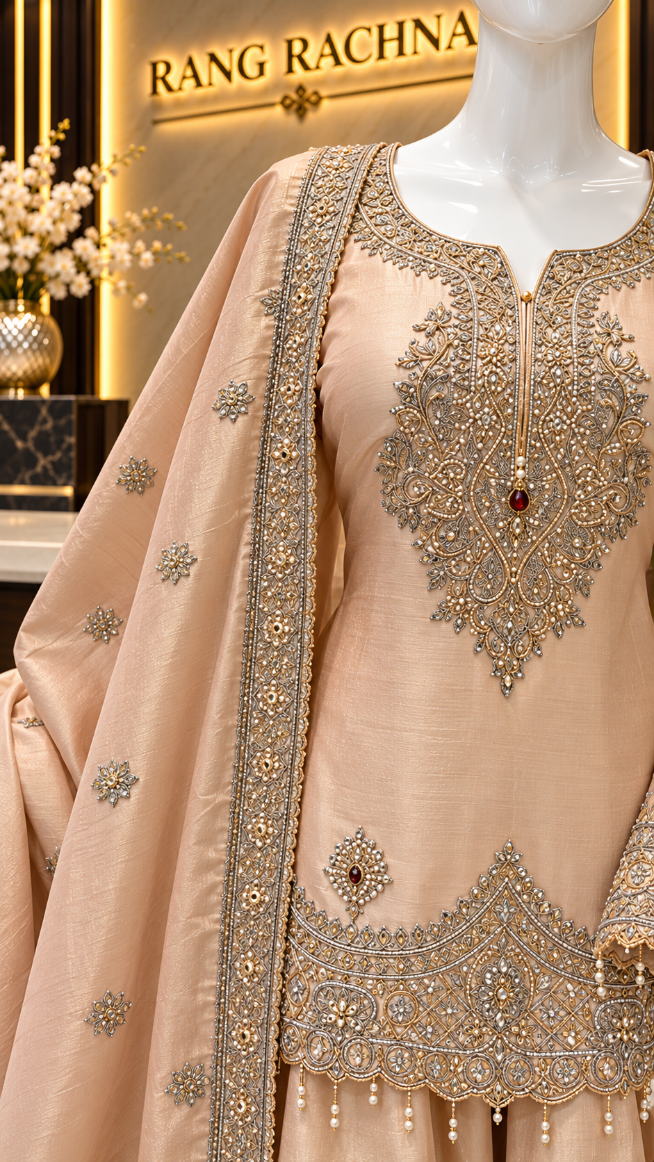 Close-up of zardozi and dabka neckline embroidery on light peach silk kurta