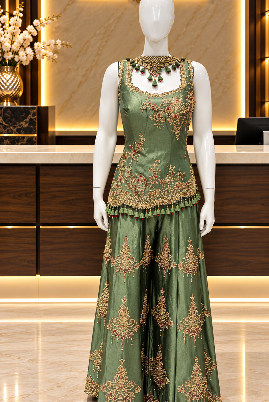 Sage green embroidered sleeveless peplum kurti and palazzo set