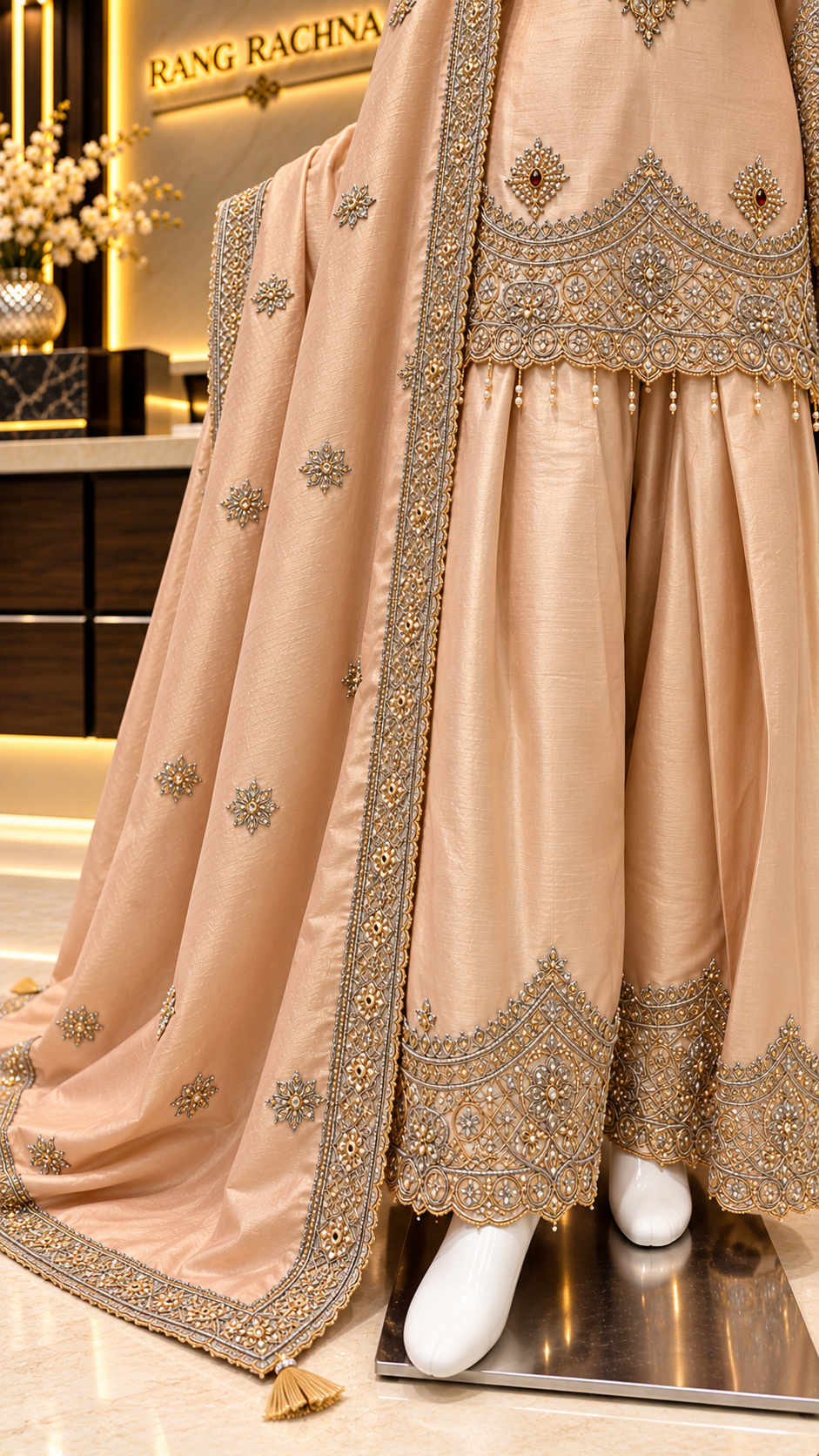 Light peach farshi salwar with embroidered hem border and buti dupatta