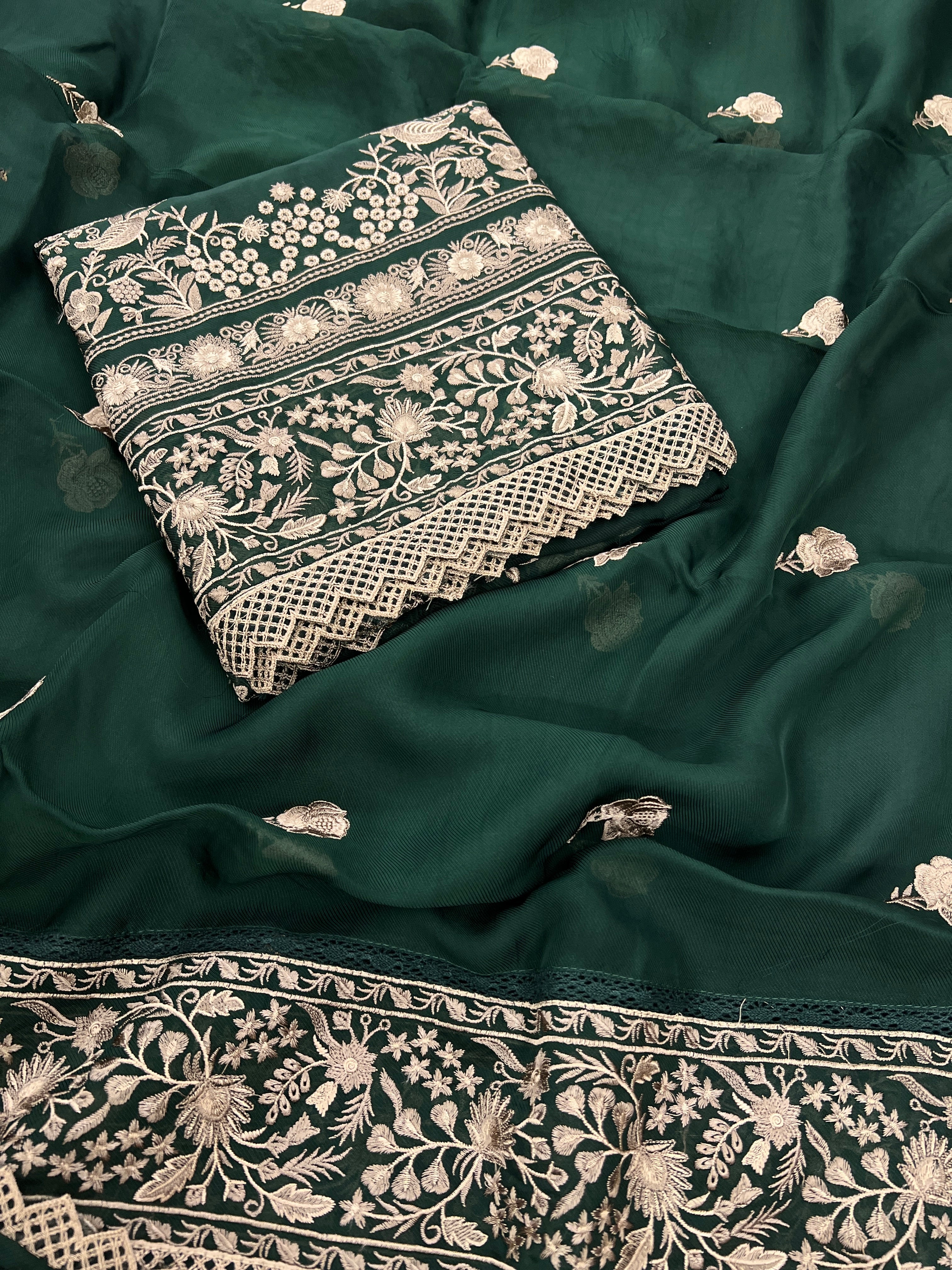 Organza Unstitched Suit Set with Dupatta – Bottle Green / Electric Blue - front view | Rang Rachna
