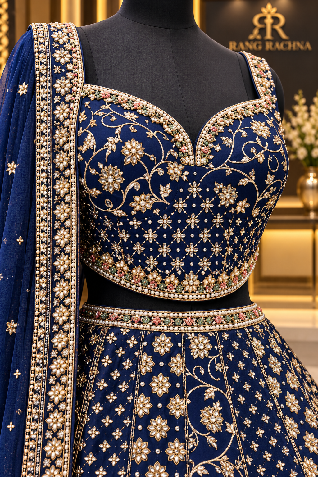 Deep Blue Lehenga Set with Dupatta - detail view