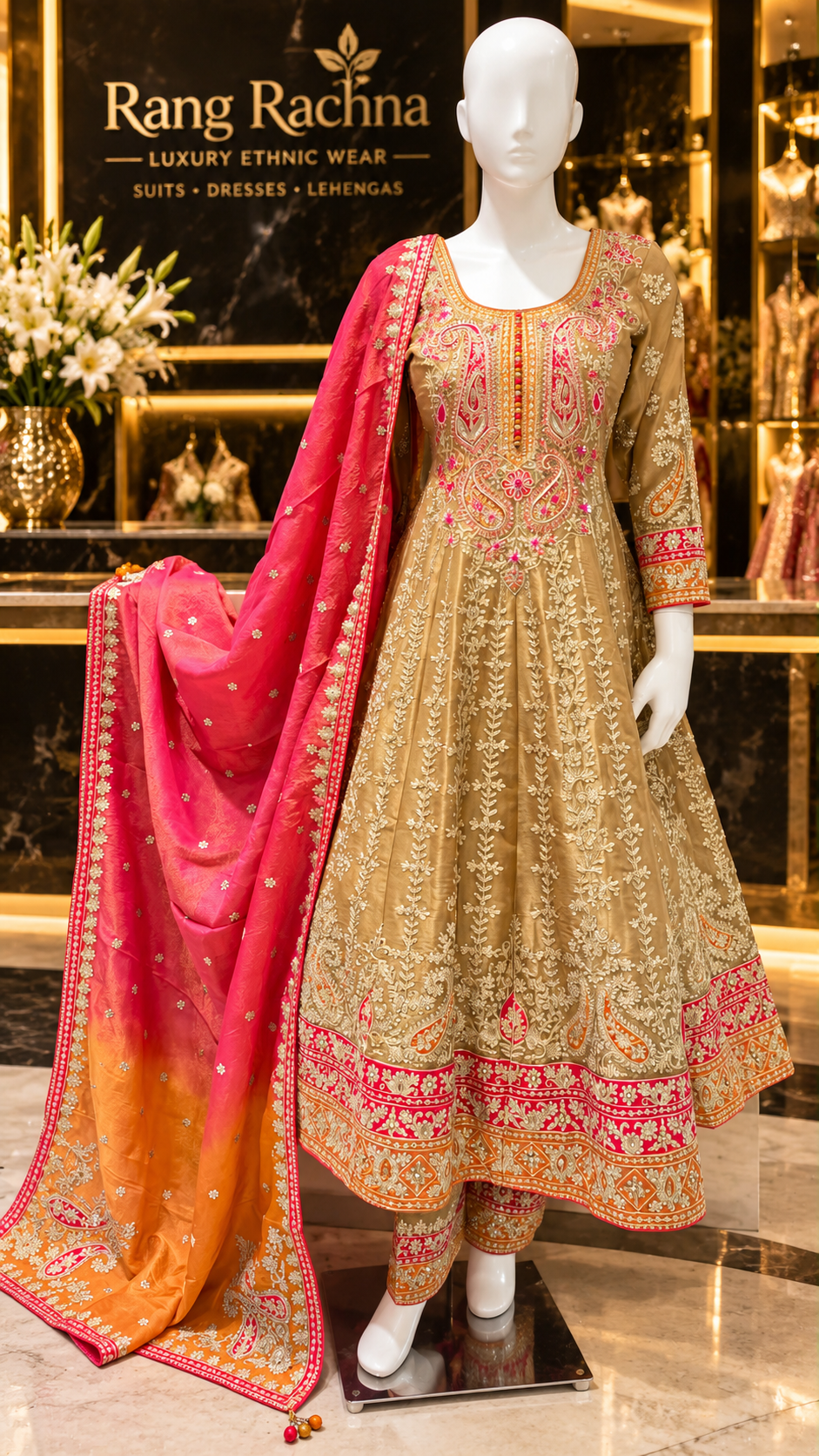 Light Gold Anarkali Suit Set with Dupatta - front view | Rang Rachna