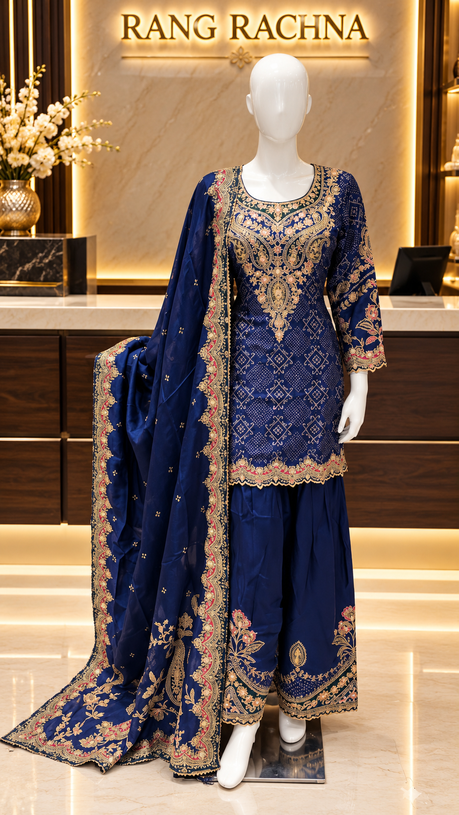 Royal blue bandhani print farshi salwar suit with embroidered kurta and dupatta