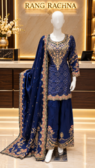 Royal blue bandhani print farshi salwar suit with embroidered kurta and dupatta