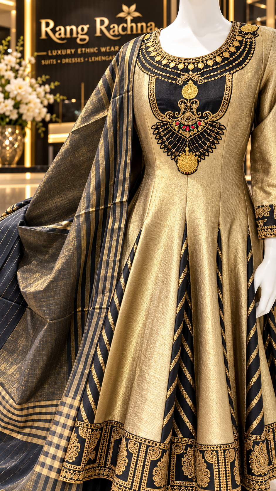 Gold Anarkali Suit Set with Dupatta - detail view