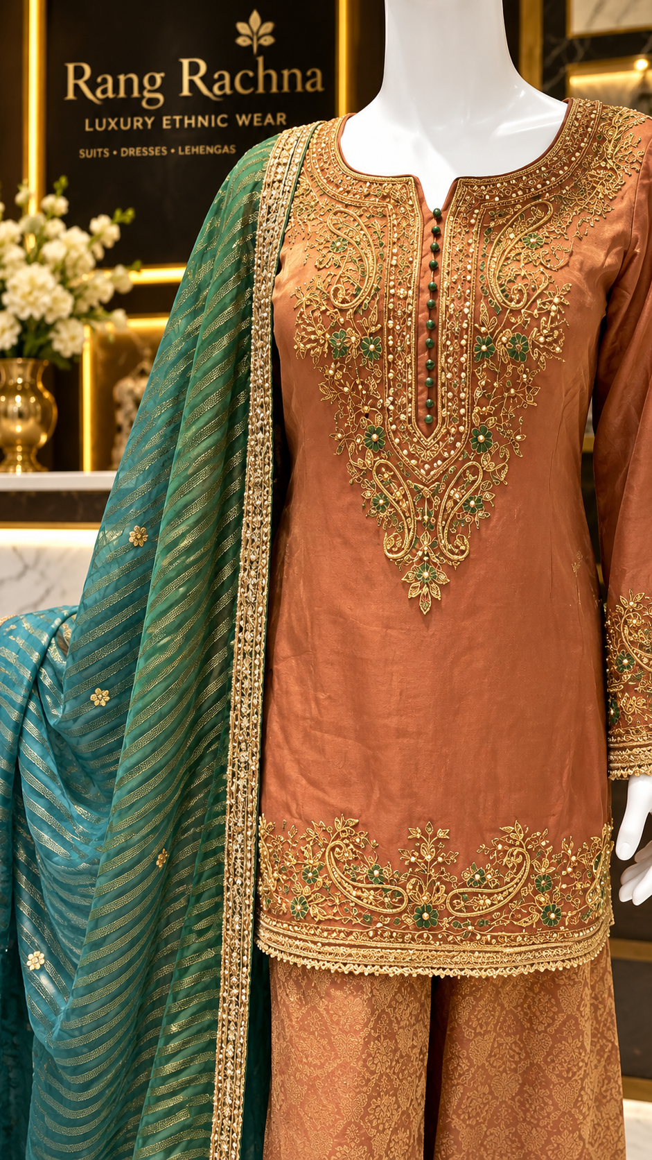 Rust Palazzo Suit Set with Dupatta - front view | Rang Rachna