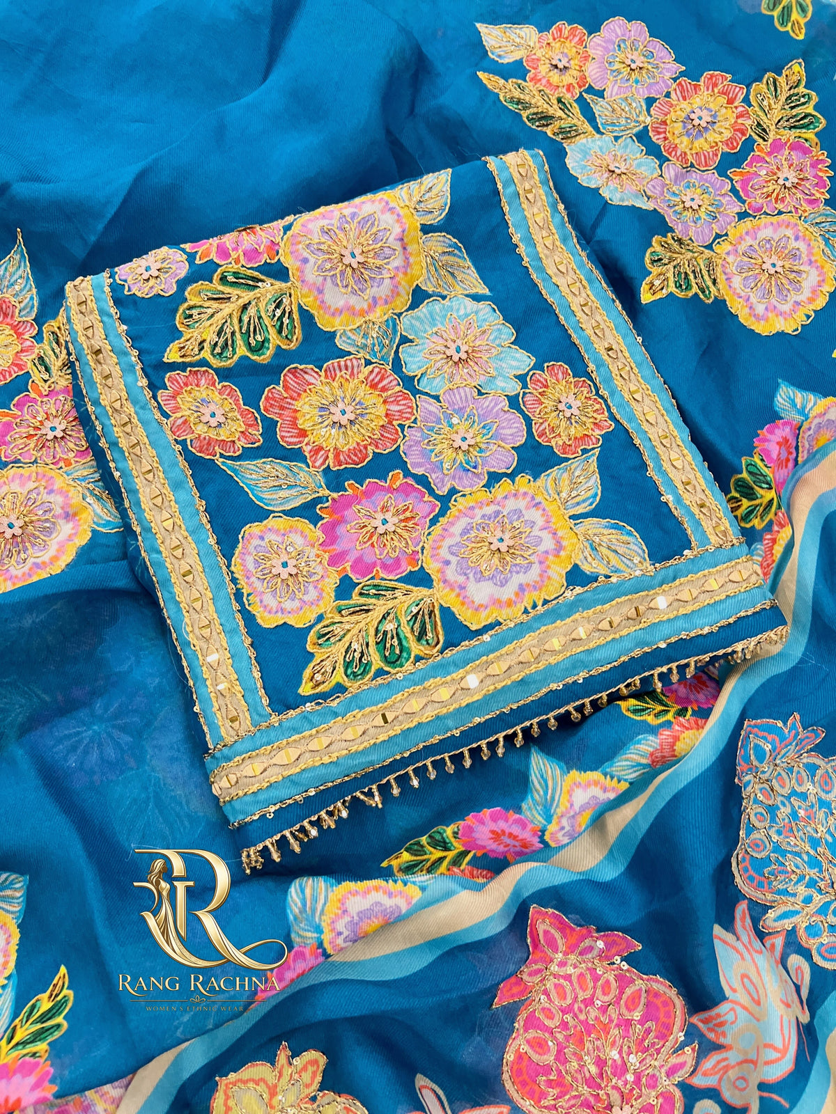 Blue Organza Unstitched Suit Set with Dupatta - front view | Rang Rachna