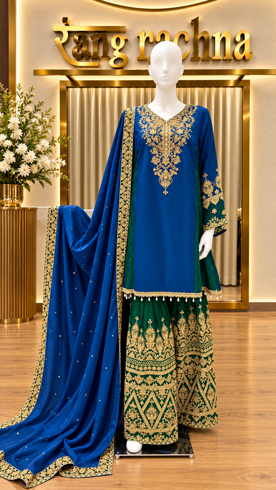 Electric Blue Palazzo Suit Set with Dupatta - front view | Rang Rachna