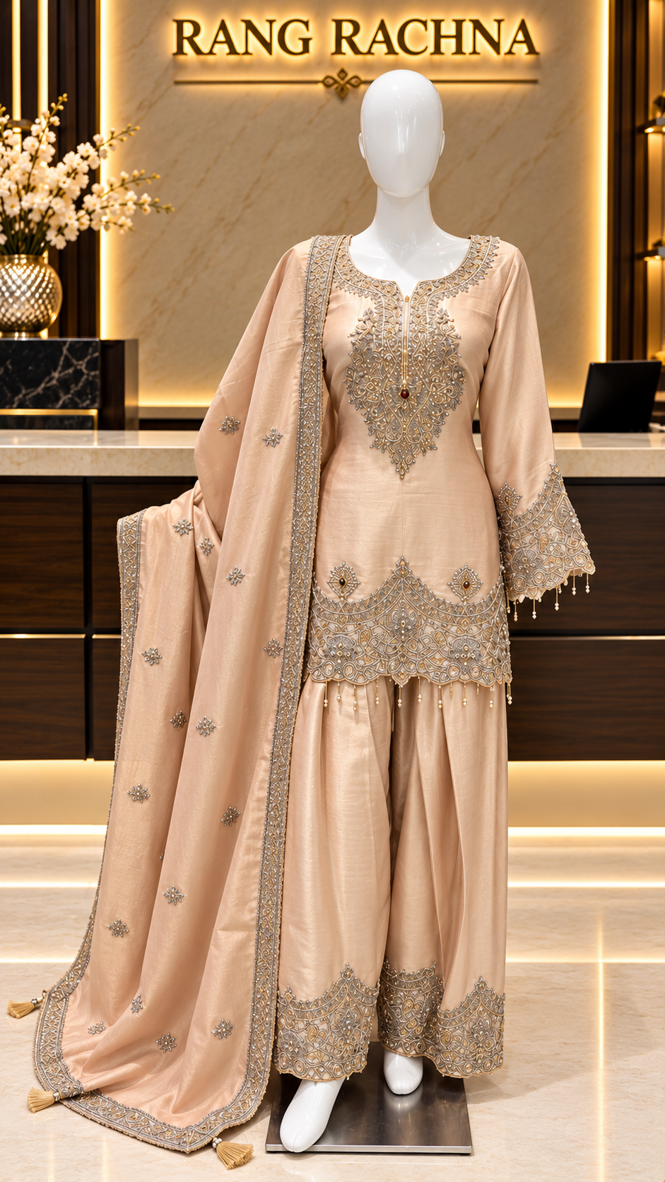 Light peach silk farshi salwar suit with embroidered short kurta and dupatta