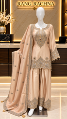 Light peach silk farshi salwar suit with embroidered short kurta and dupatta