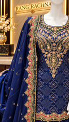 Close-up of zari and resham embroidered yoke on royal blue bandhani kurta