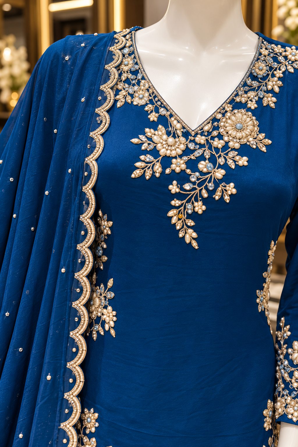 Deep Blue Palazzo Suit Set with Dupatta - detail view