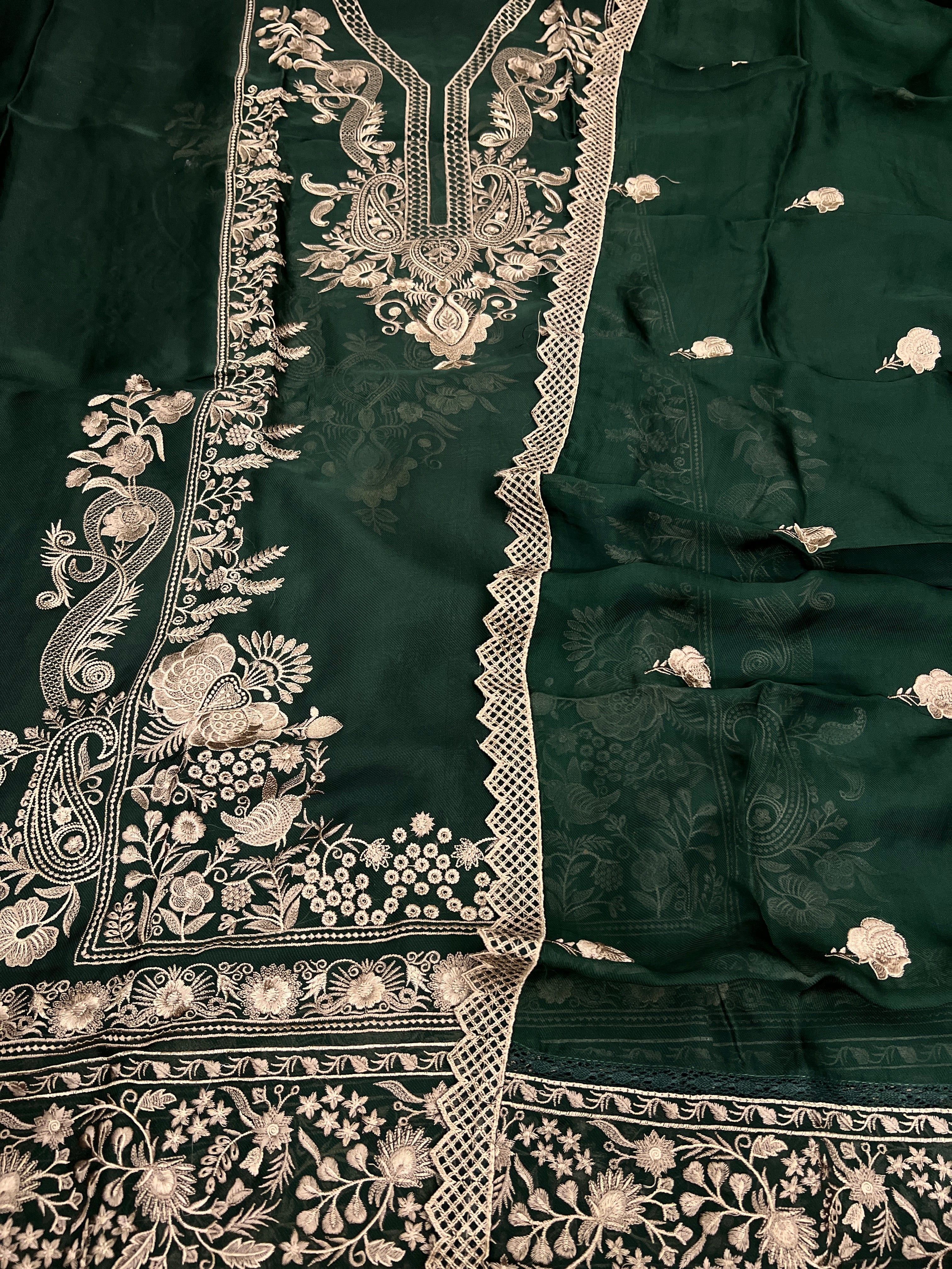 Organza Unstitched Suit Set with Dupatta – Bottle Green / Electric Blue - full look