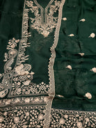 Organza Unstitched Suit Set with Dupatta – Bottle Green / Electric Blue - full look