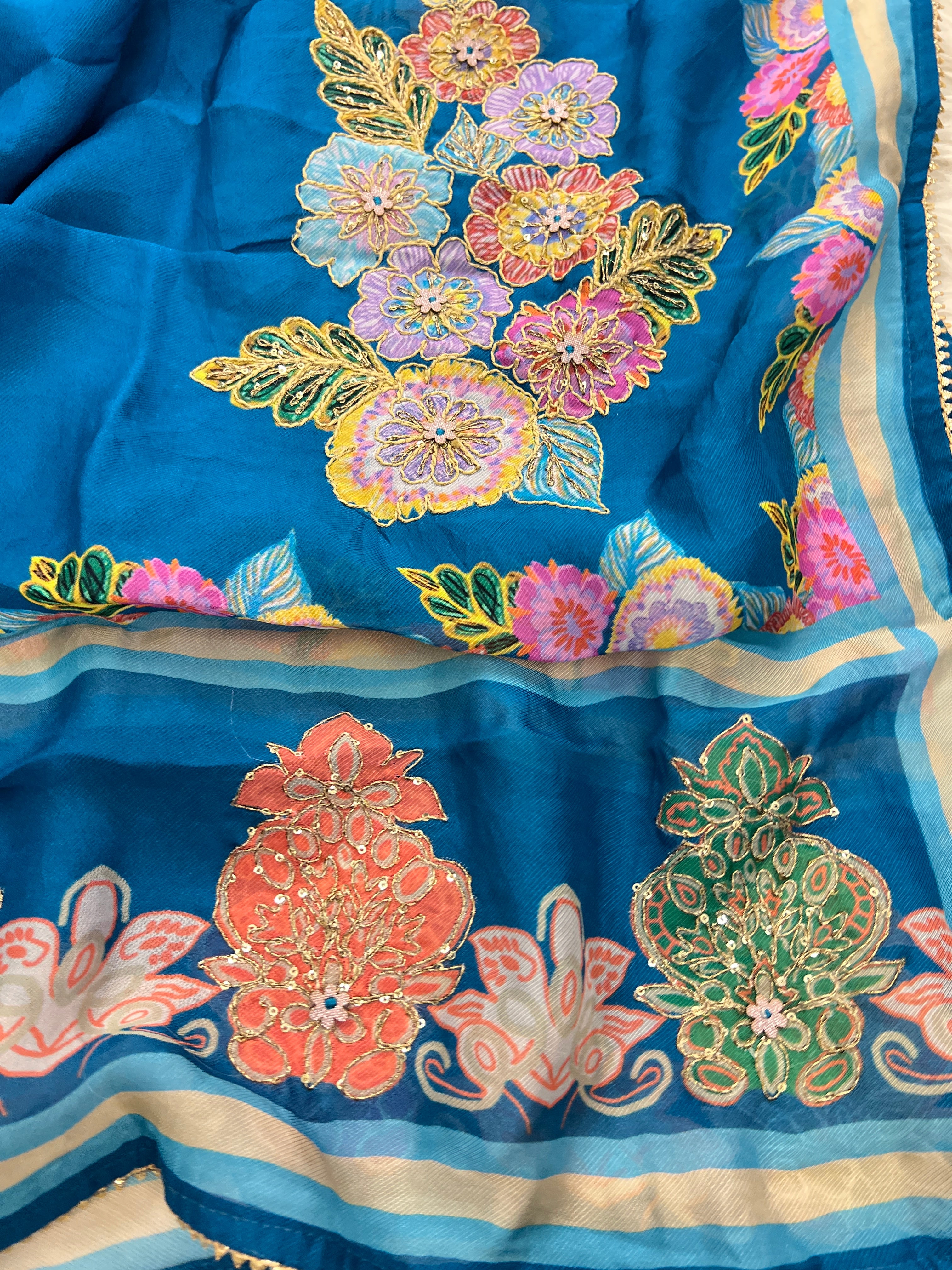 Blue Organza Unstitched Suit Set with Dupatta - full look
