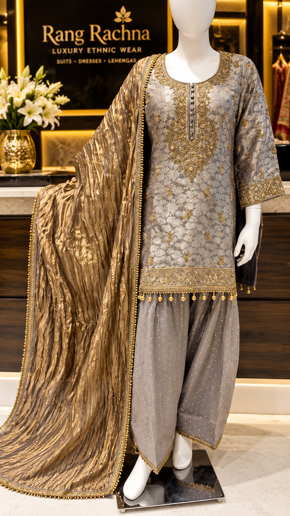 Mauve Grey Farshi Suit Set with Dupatta in crepe georgette - front view | Rang Rachna