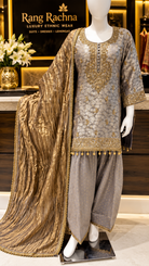Mauve Grey Farshi Suit Set with Dupatta in crepe georgette - front view | Rang Rachna