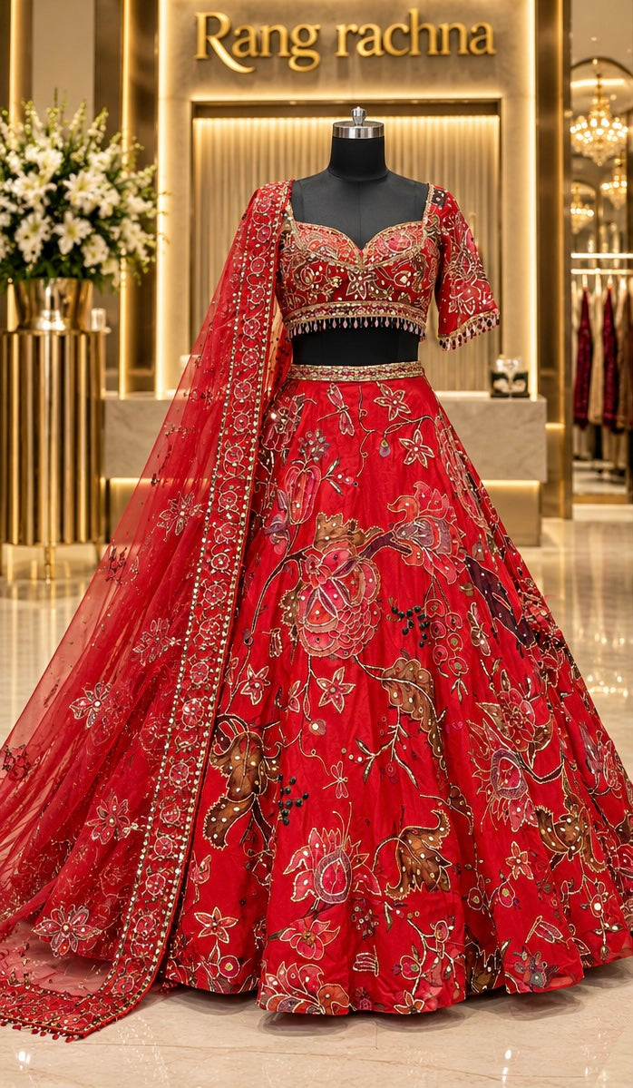 Light Red Pure Organza Lehenga Set with Dupatta - front view | Rang Rachna