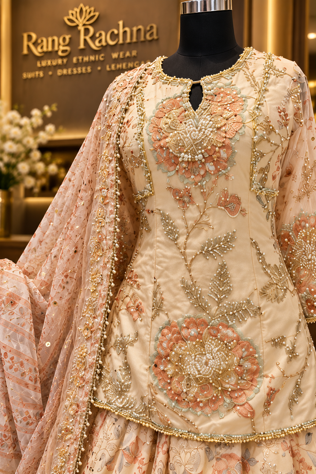 Cream Off-White Lehenga Choli Set with Dupatta - detail view