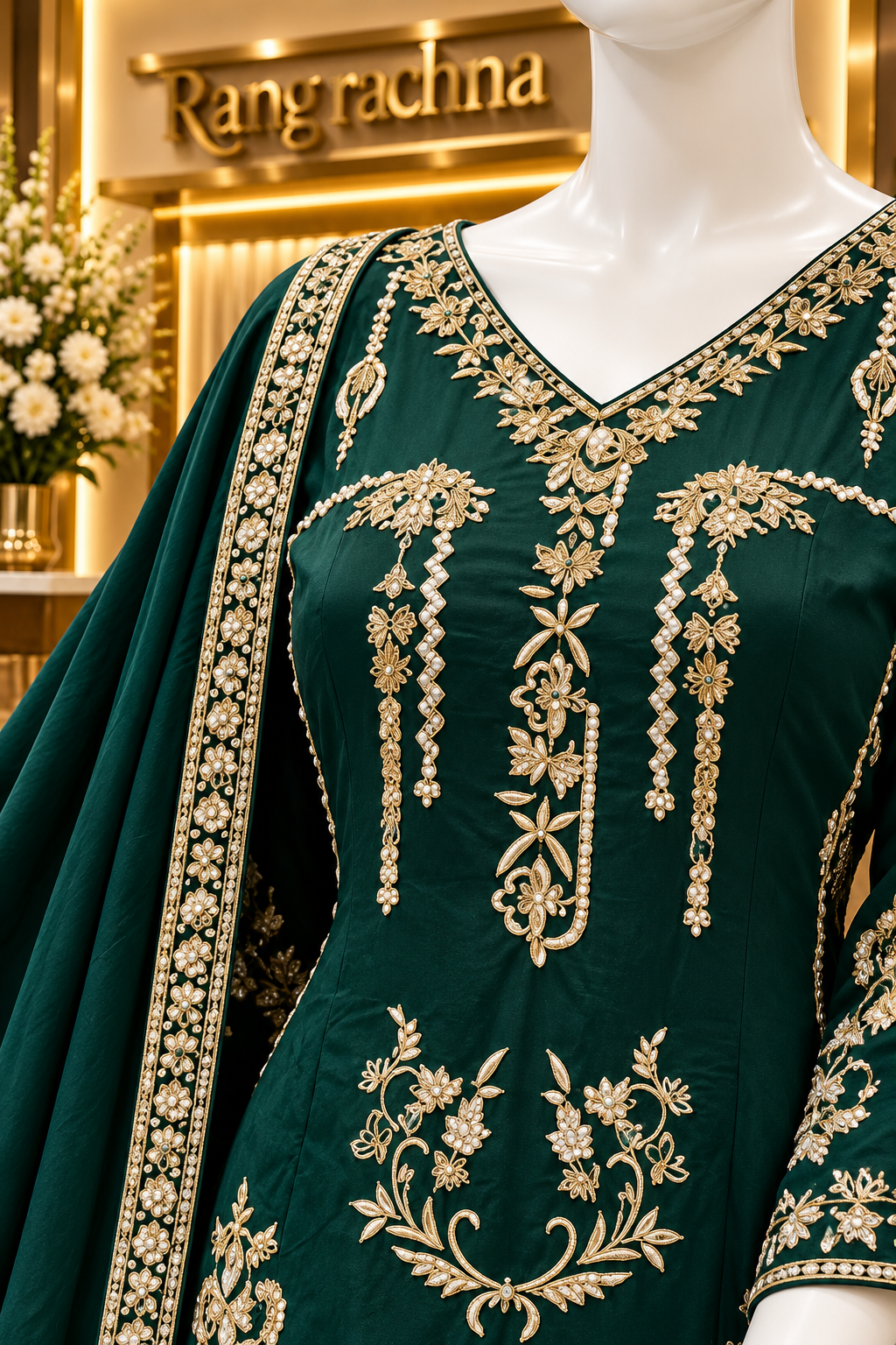 Bottle Green & Cream Farshi Suit Set with Dupatta - detail view