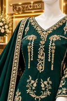 Bottle Green & Cream Farshi Suit Set with Dupatta - detail view