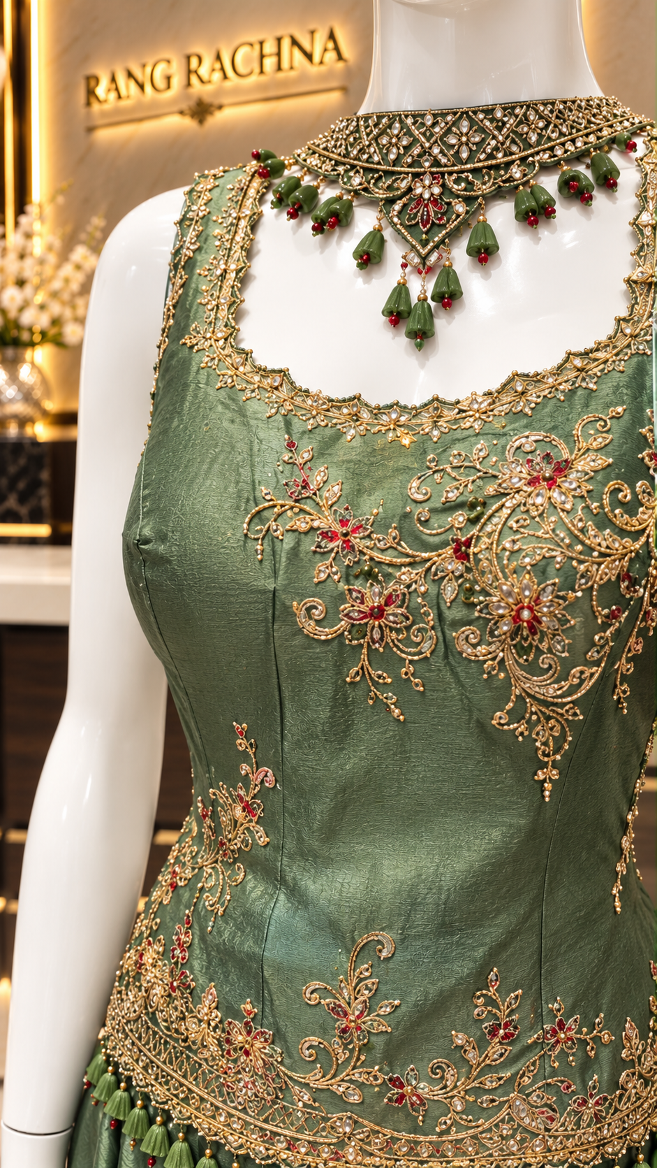 Close-up of gold zari and resham embroidery on sage green peplum kurti