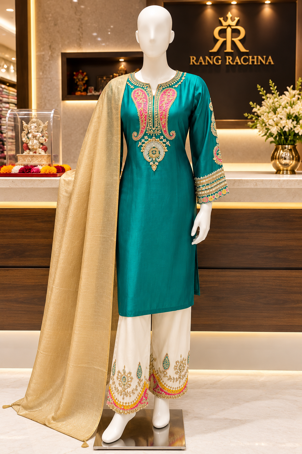 Turquoise Green Palazzo Suit Set with Dupatta - front view | Rang Rachna