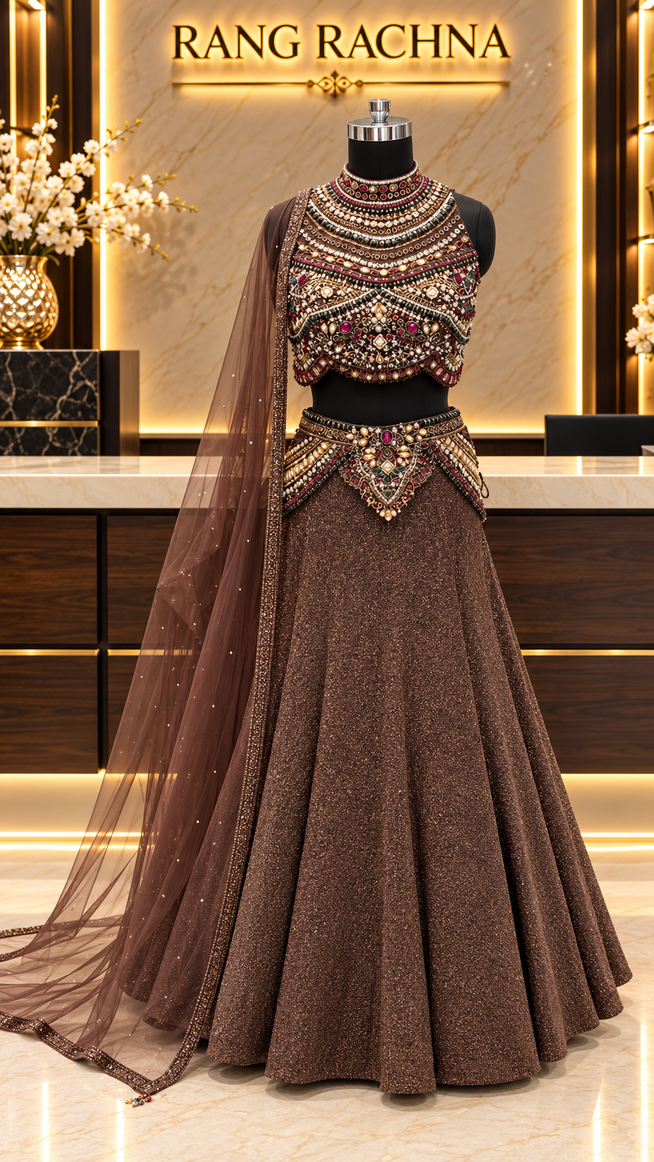 Chocolate brown shimmer lehenga choli with embellished high-neck blouse and net dupatta